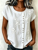 3D Floral Embroidery Crew Neck Short Sleeve Linen Blend Shirt