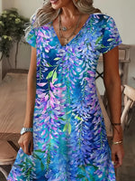 V Neck Floral Print Short Sleeve A-Line Maxi Dress