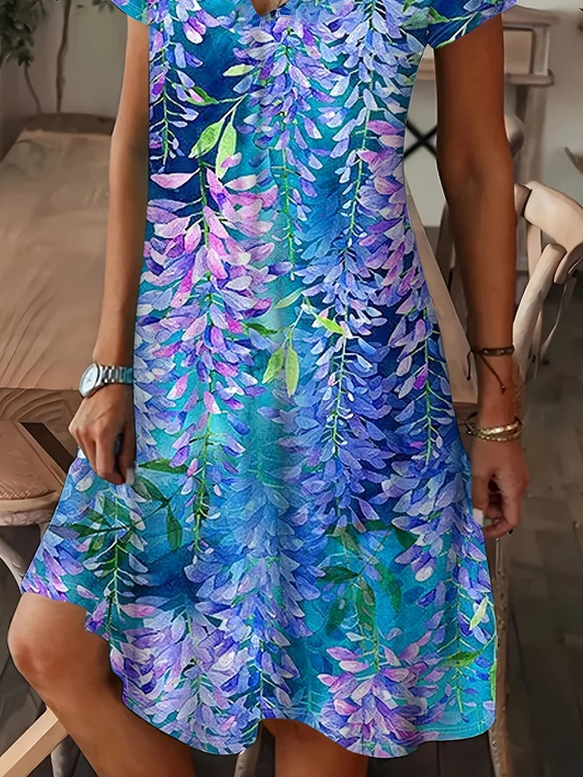 V Neck Floral Print Short Sleeve A-Line Maxi Dress