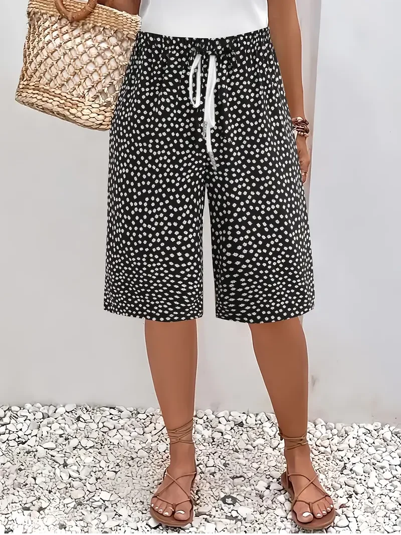 Polka Dot Floral Drawstring Waist Straight Capri Pants