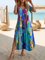 Abstract Geometric Print Crew Neck Short Sleeve Regular Fit H-Line Maxi T-Shirt Dress