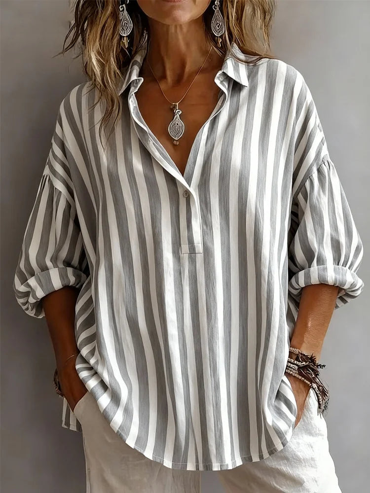 Striped Print Shirt Collar Long Sleeve Loose Casual Blouse