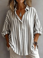 Striped Print Shirt Collar Long Sleeve Loose Casual Blouse