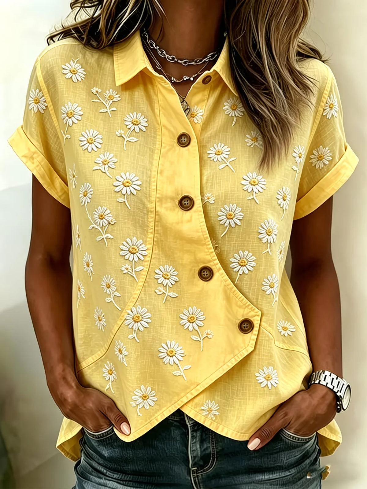 Floral Print Shawl Collar Short Sleeve Irregular Buckle Casual Blouse