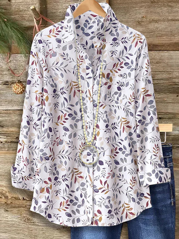 Leaf Floral Print Shirt Collar Long Sleeve Loose Button Down Blouse