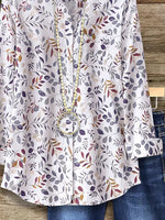 Leaf Floral Print Shirt Collar Long Sleeve Loose Button Down Blouse