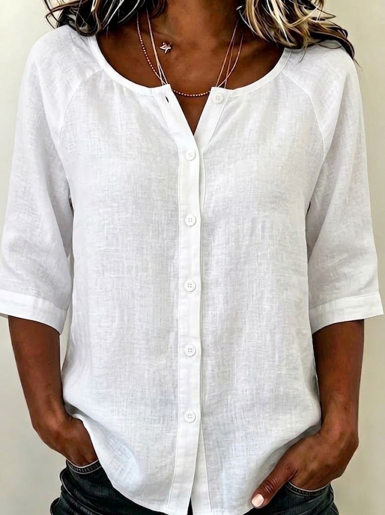 Plain Crew Neck Half Sleeve Button Down Loose Casual Blouse