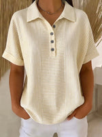 Striped Print Polo Collar Half Placket Short Sleeve Loose T-Shirt