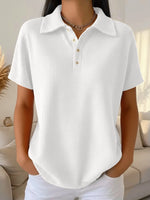 Solid Waffle Shirt Collar Half Placket Short Sleeve Loose Polo T-Shirt