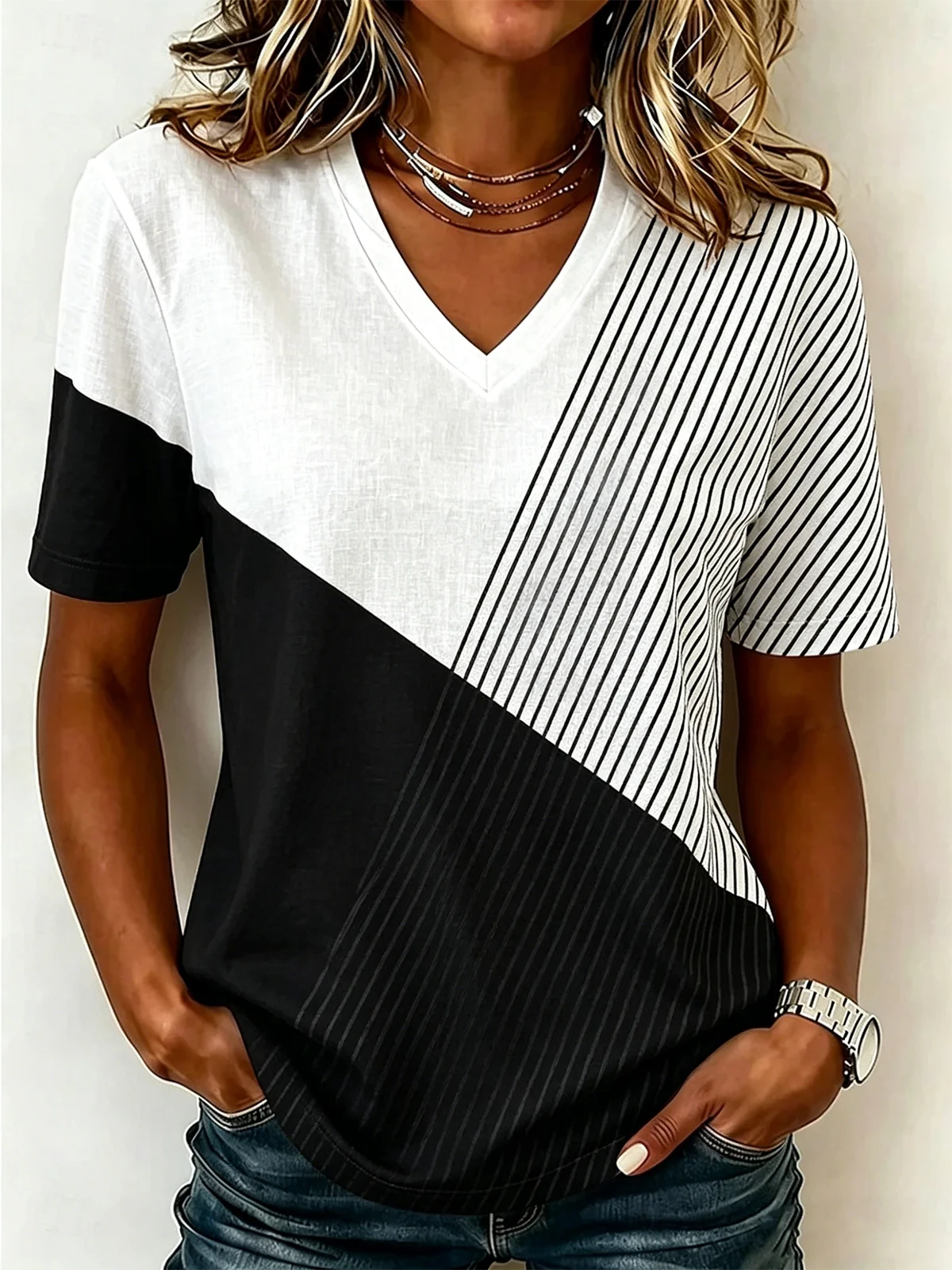 Color Block Striped Geometric V Neck Short Sleeve Loose Jersey T-Shirt