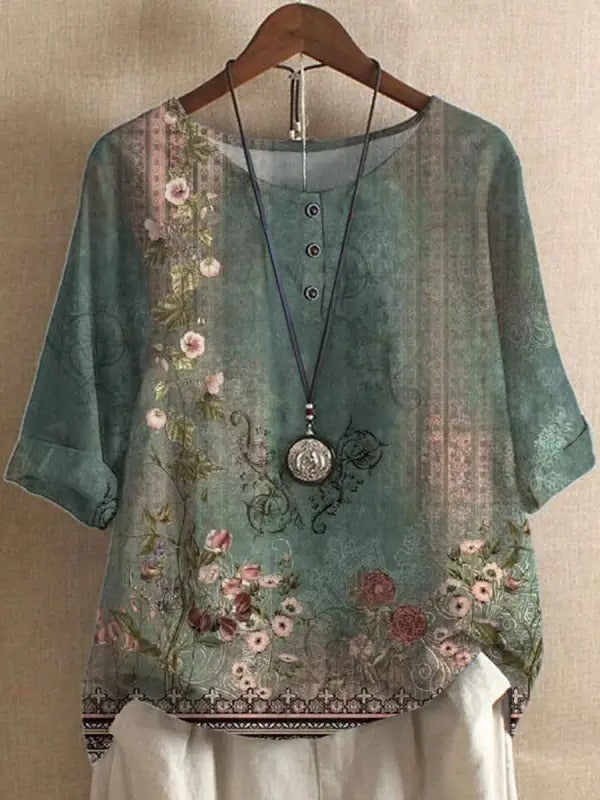 Green Casual Round Neck Floral Printed Long Sleeve Blouse
