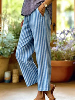 Vertical Strip Print Mid Waist H-Line Straight Linen Blend Ankle Pants