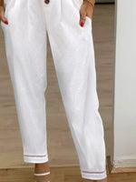 Plain Natural Waist Button Front Lace Cuff Loose H-Line Cotton Long Straight Pants