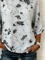 Botanical Leaf Print Crew Neck Half Sleeve Loose A-Line Linen Rayon Blend Vintage Blouse