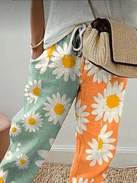 Daisy Floral Print Natural Waist Loose H-Line Straight Polyester Ankle Pants