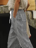 Vertical Stripe Natural Waist Loose H-Line Baggy Long Polyester Casual Pants