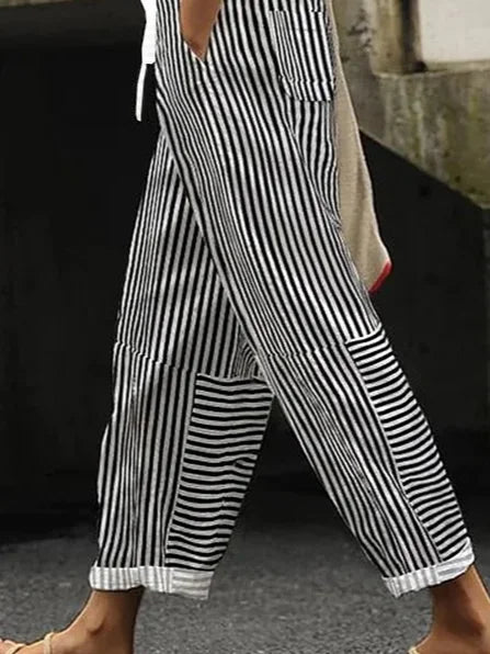 Vertical Stripe Natural Waist Loose H-Line Baggy Long Polyester Casual Pants