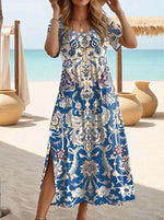 Paisley Cashew Floral Print V Neck Short Sleeve Regular Fit A-Line Polyester Boho Maxi T-Shirt Dress