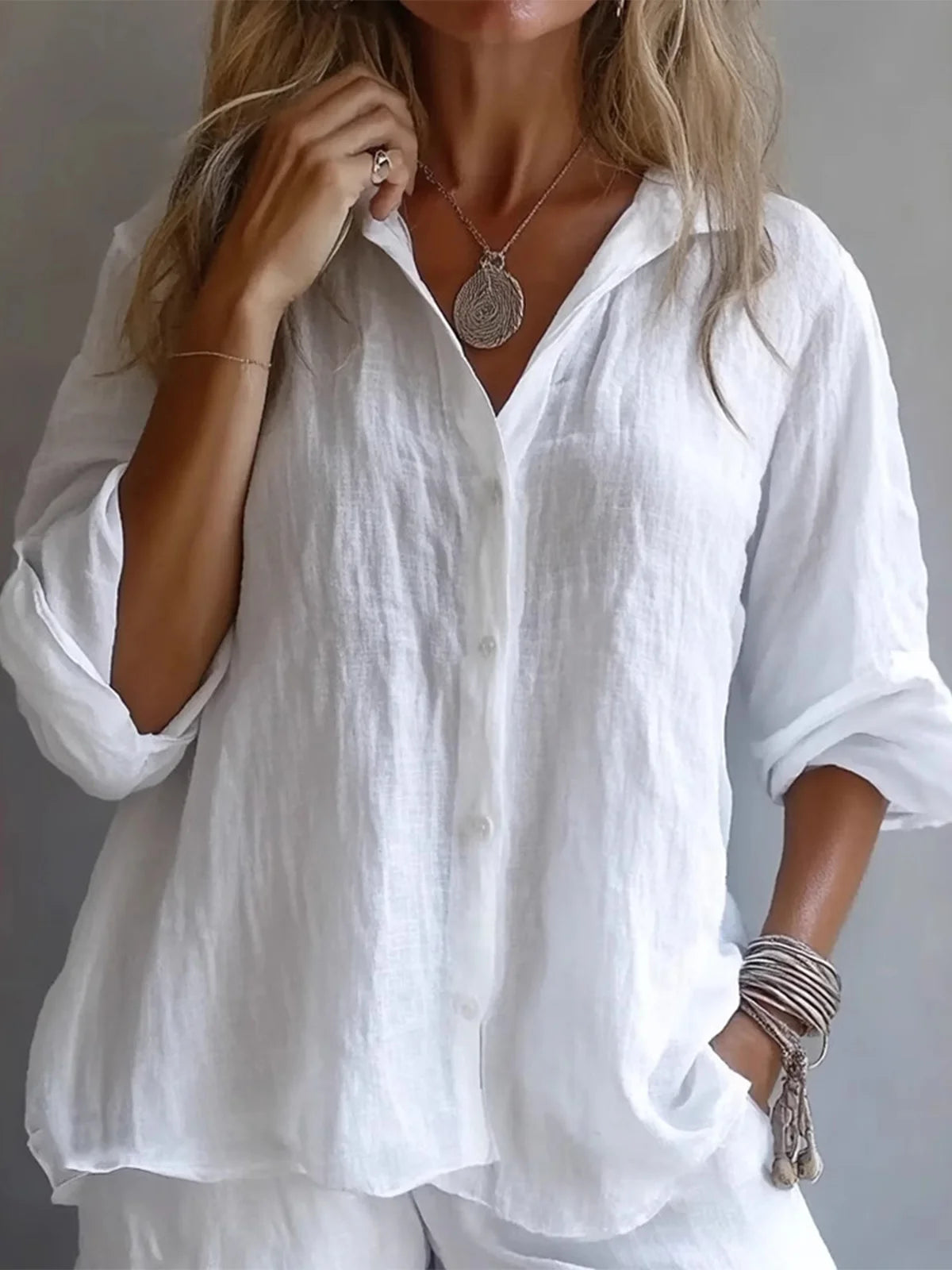 Plain Shirt Collar Button Front Long Sleeve Loose H-Line Lightweight Polyester Blouse