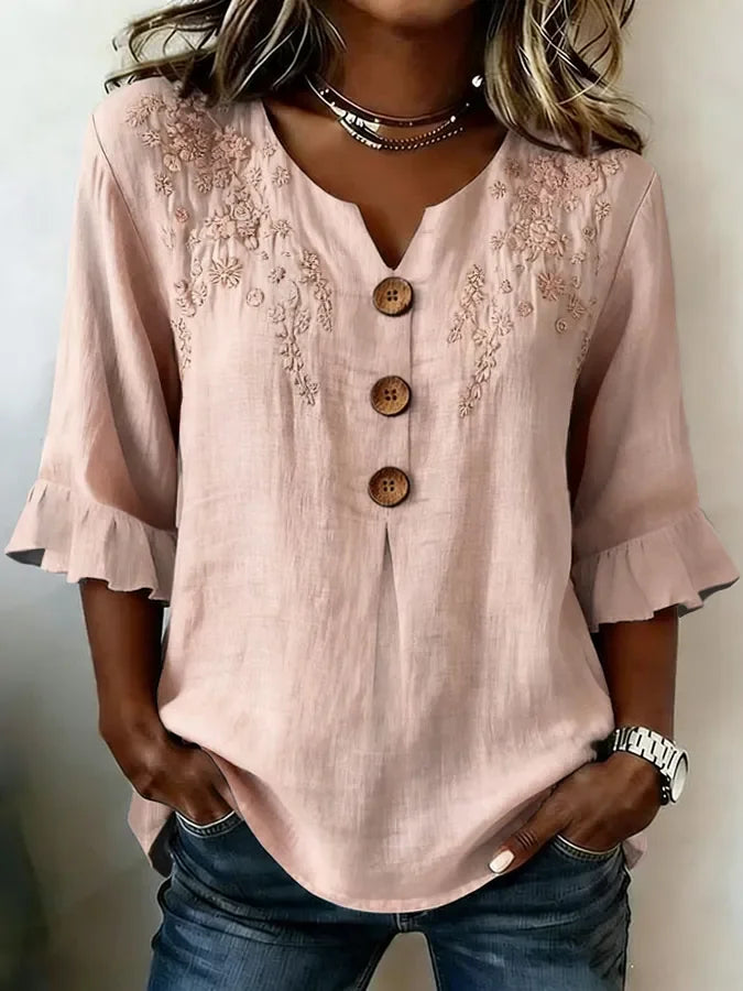 Floral Embroidery V Neck Half Ruffle Sleeve Regular Fit H-Line Polyester Vintage Blouse