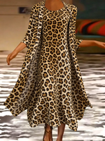 Leopard Print Crew Neck Three Quarter Sleeve Open Front Coat With Matching A-Line Maxi Dress 2 Piece Set