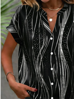 Wave Geometric Strip Split Collar Short Sleeve Loose H-Line Polyester Spandex Elegant Blouse