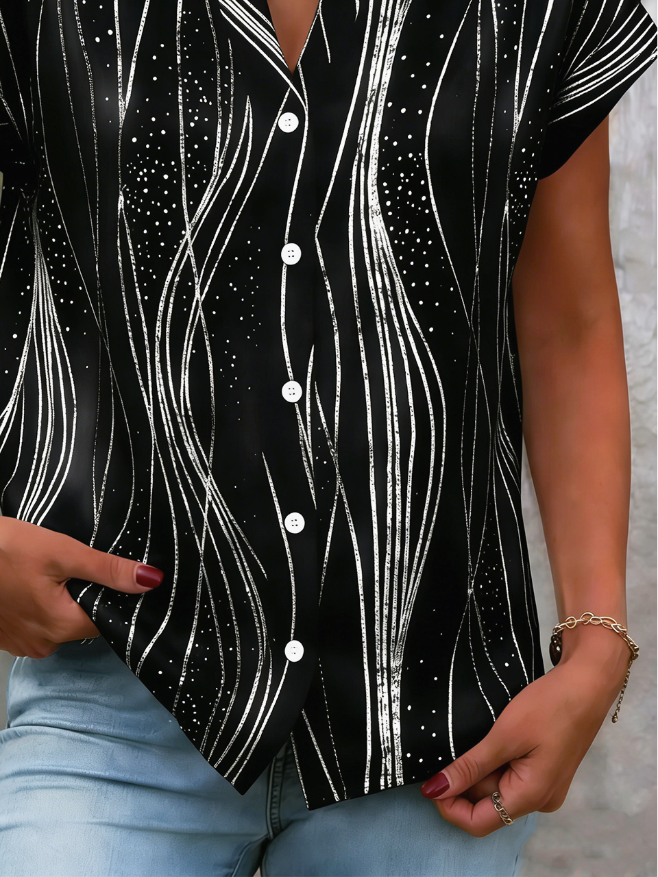 Wave Geometric Strip Split Collar Short Sleeve Loose H-Line Polyester Spandex Elegant Blouse