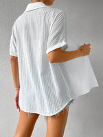Plain Textured Shirt Collar Short Sleeve Button Front Loose H-Line Mid-Length Polyester Casual Tunic Blouse