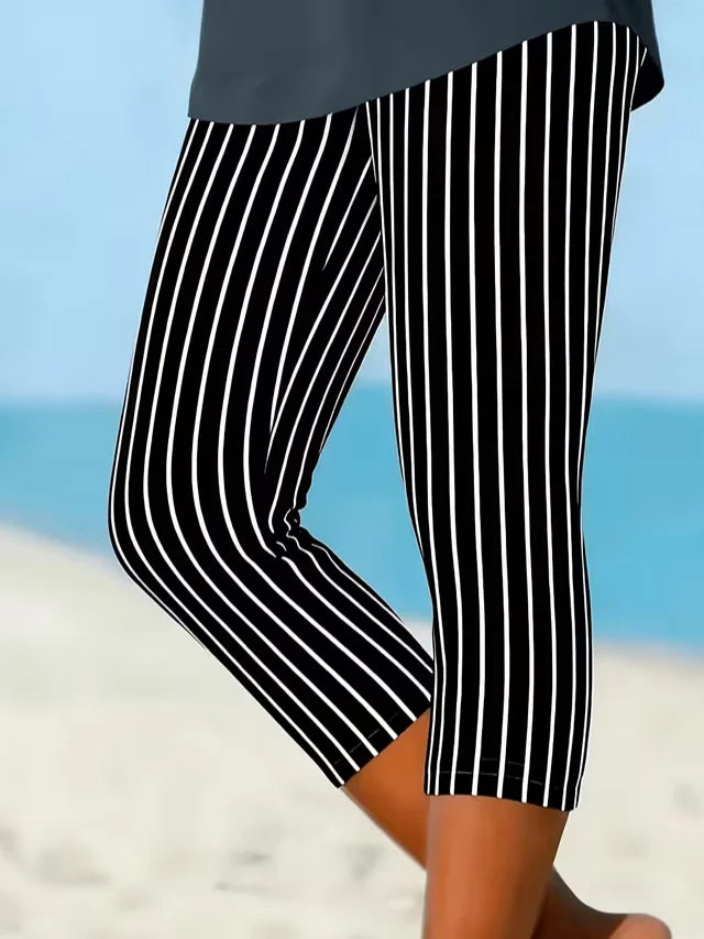 Vertical Stripe Natural Elastic Waist Regular Fit H-Line Capri Rayon Casual Leggings