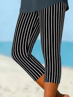 Vertical Stripe Natural Elastic Waist Regular Fit H-Line Capri Rayon Casual Leggings