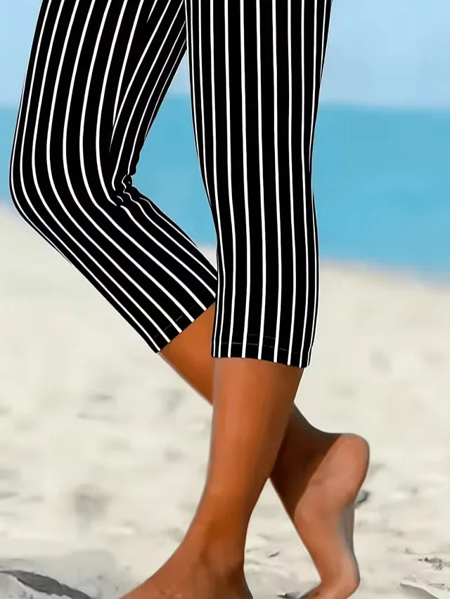 Vertical Stripe Natural Elastic Waist Regular Fit H-Line Capri Rayon Casual Leggings