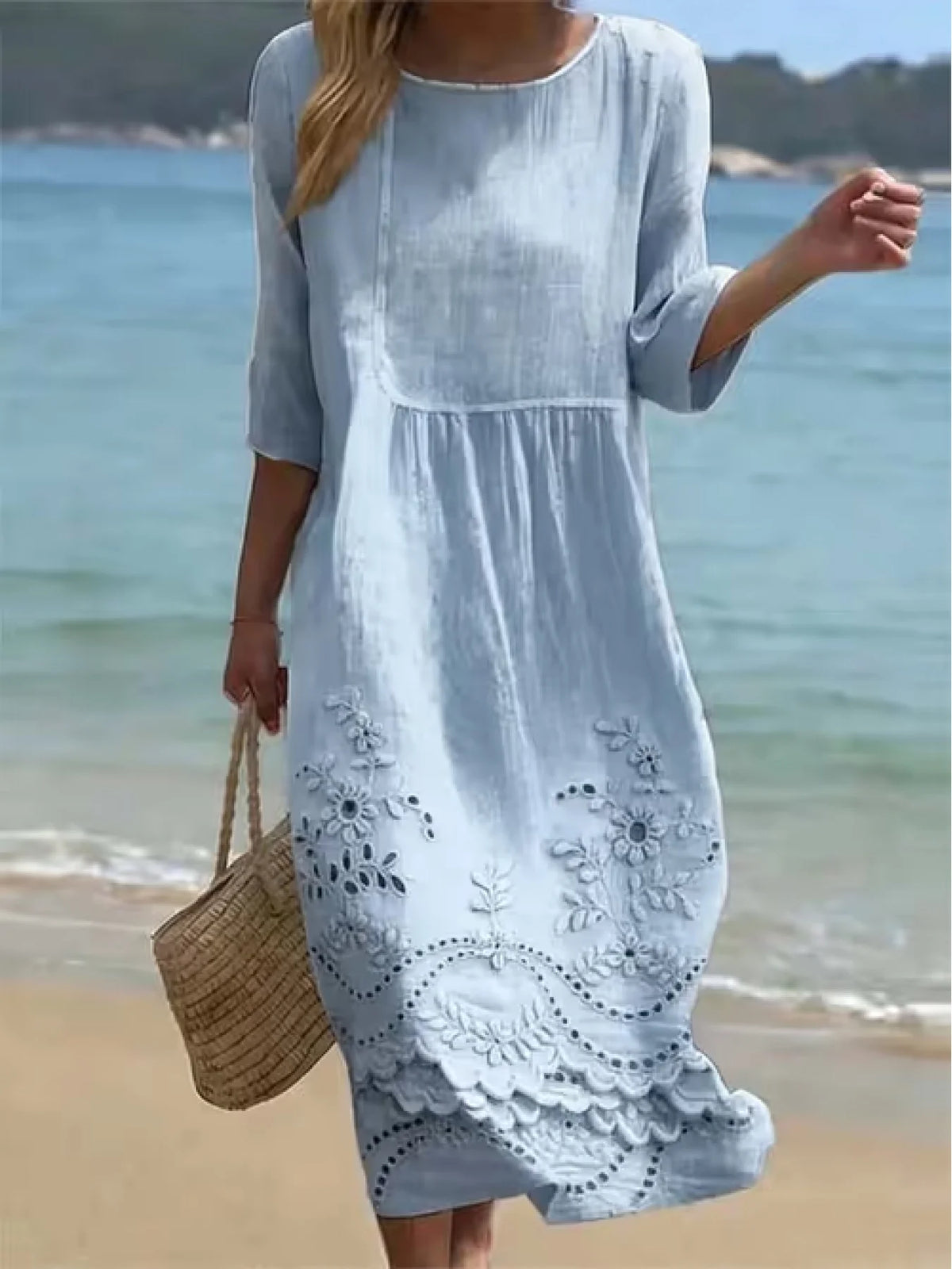 Light Blue Floral Embroidery Crew Neck Half Sleeve Loose A-Line Linen Blend Midi Dress