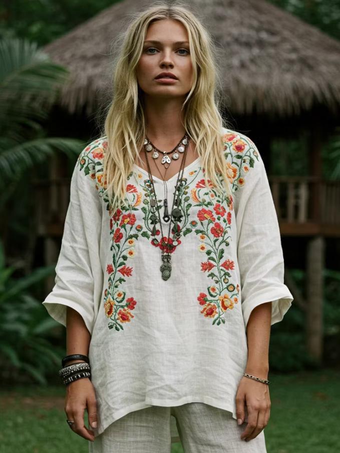 Women Floral Print V Neck Long Sleeve Cotton Linen Blend Loose Casual Mid-Length blouse