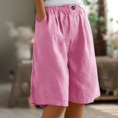 Women Elastic Waist Solid Color Mid-Thigh Linen Casual Comfort Bermuda Shorts With Side Pockets
