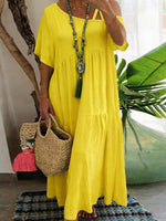 Women Asymmetrical Neckline Short Sleeve Solid Cotton Casual Tiered Maxi Dress