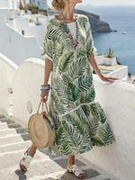 Women Green Botanical Leaf Print Round Neck Short SleeveCasual Ankle Length Midi Dress