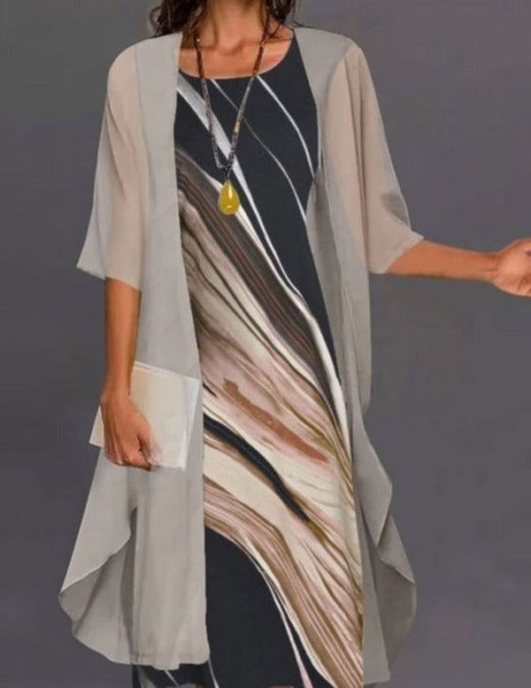 Apricot Print Round Neck Short Sleeve Midi Dress