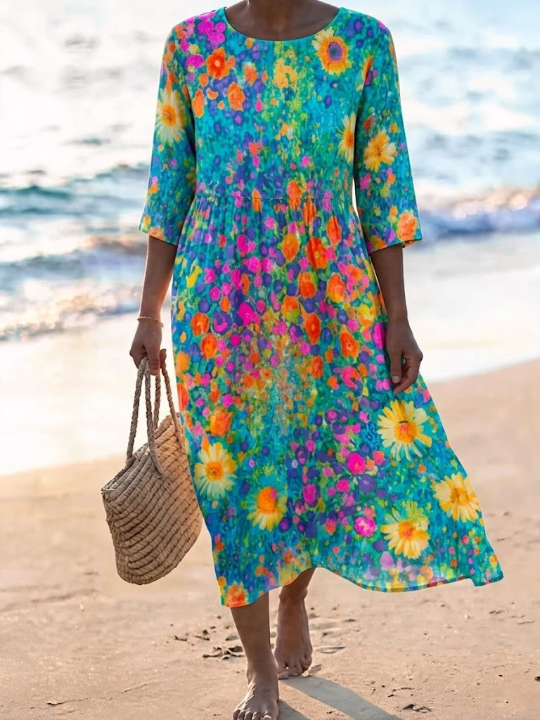 Floral Print Crew Neck Half Sleeve Loose A-Line Midi Women Summer Dress