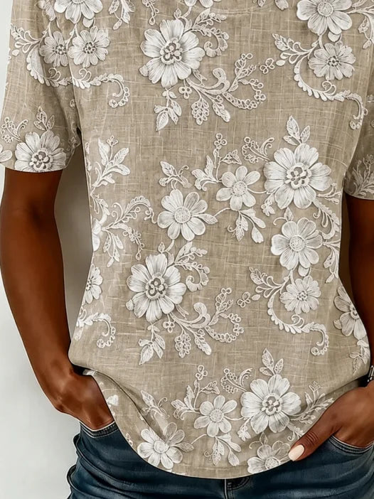Khaki Vintage 3D Floral Print Crew Neck Short Sleeve Casual T-shirt