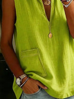 Green Solid V-Neck Ruffled Collar Sleeveless Cotton Linen Casual Blouse