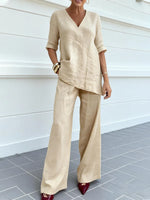 Apricot Plain V Neck Half Sleeve Polyester Two-Piece Summer Set