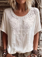 Retro Boho 3D Floral Wing Cross Crew Neck Loose Short Sleeve Casual Top