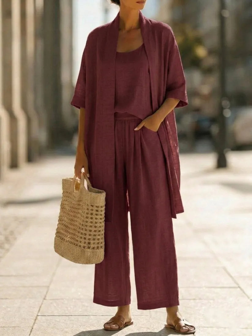 Women Minimalist Linen Cotton Three Piece Outfit Loose Plus Size Casual Daily Matching Set