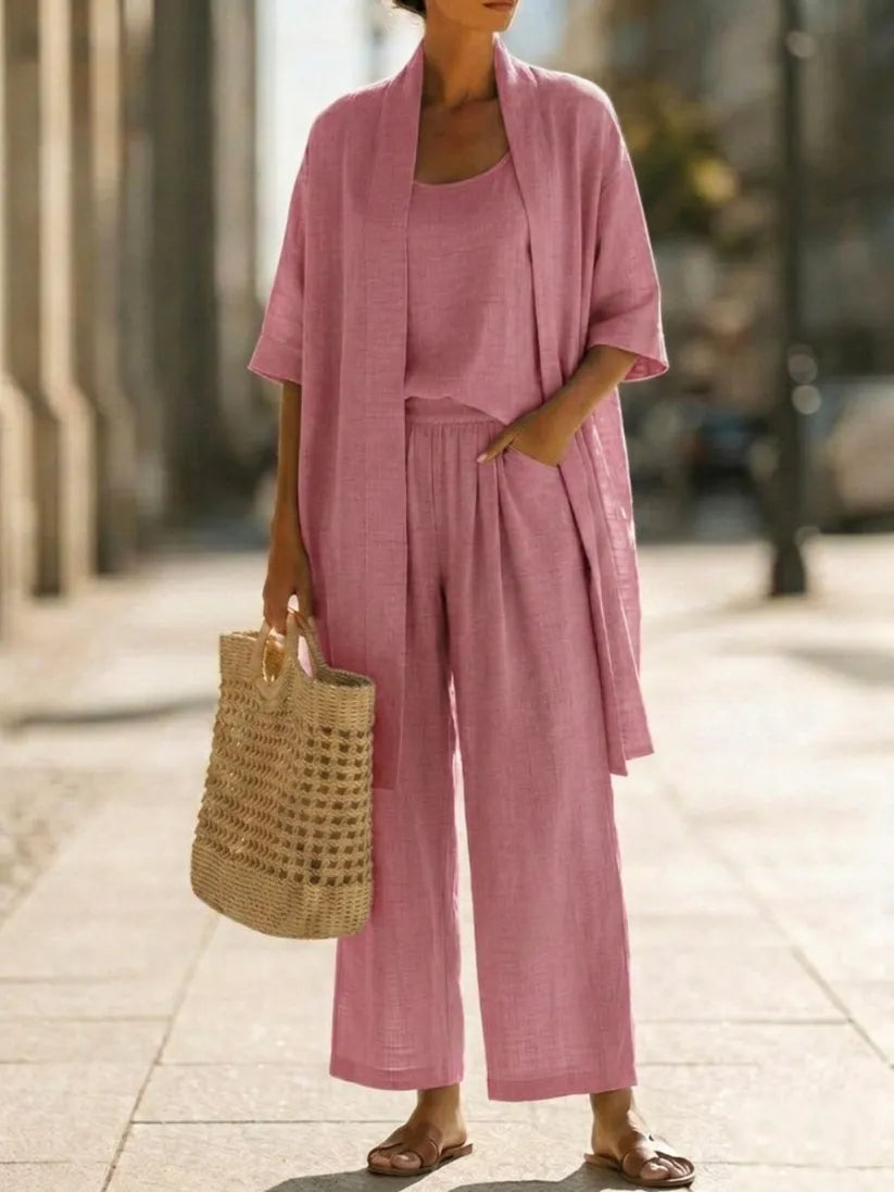 Women Minimalist Linen Cotton Three Piece Outfit Loose Plus Size Casual Daily Matching Set