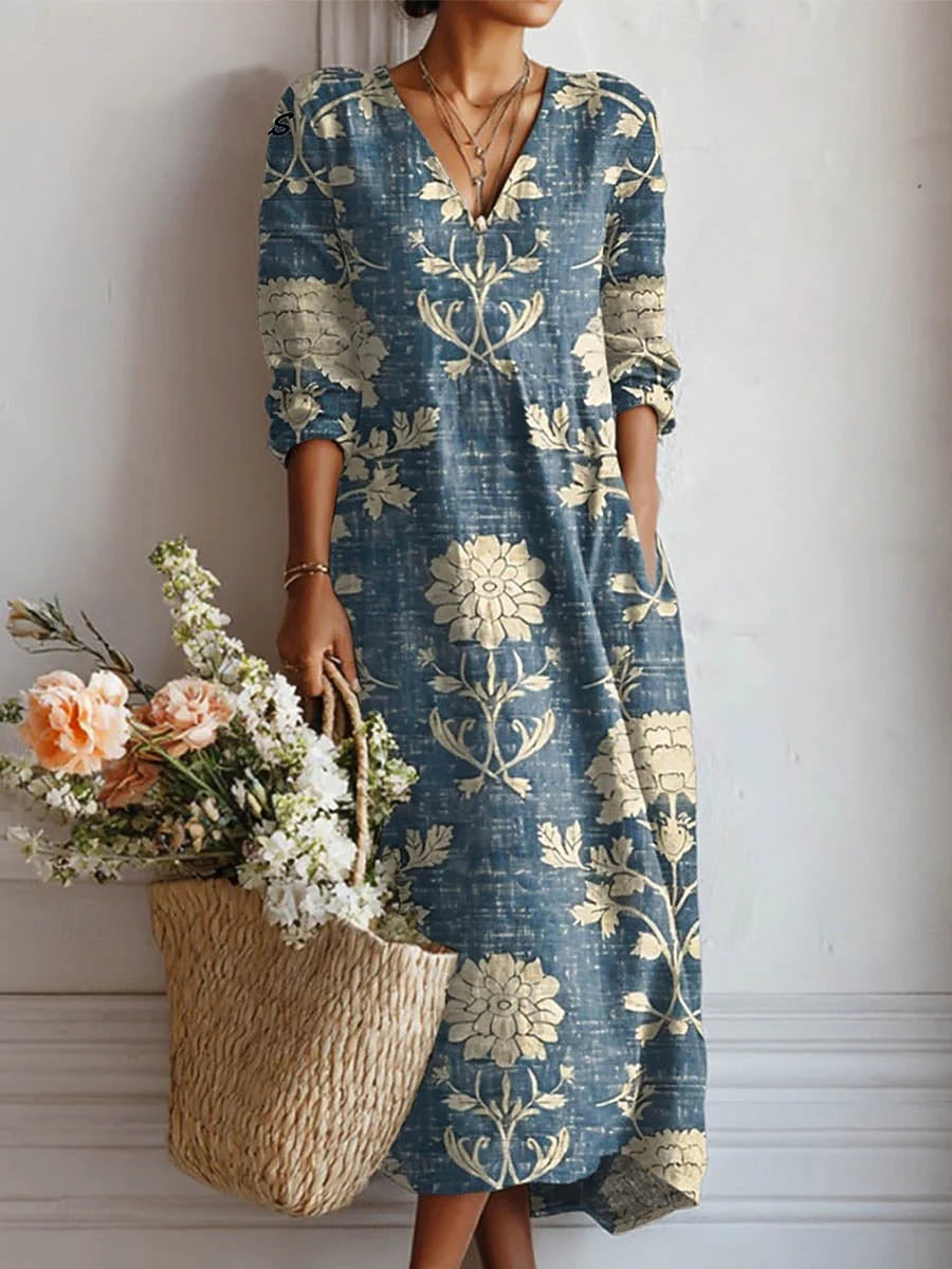 Women Vintage Floral V Neck Long Sleeve Loose Maxi Dress With Side Pockets