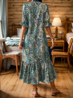 Bohemian Paisley Print V Neck Ruffle Hem 3/4 Sleeve Maxi Dress