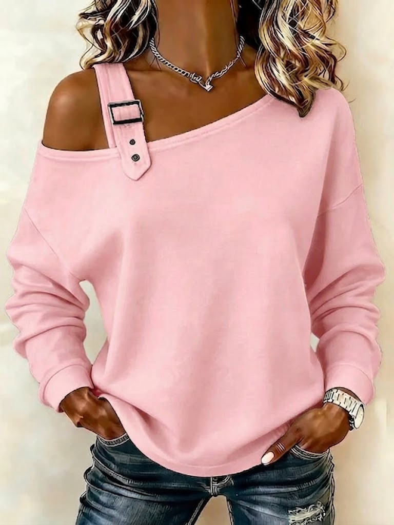 Women Casual Asymmetrical Off Shoulder Buckle Long Sleeve Sweatshirt