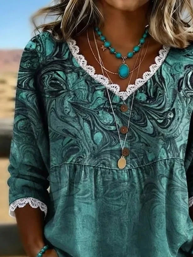 Women V Neck Lace Trim Abstract Print Half Sleeve Casual Summer Blouse