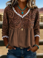Women V Neck Vintage Floral Print Lace Edge Half Sleeve Casual Summer Blouse