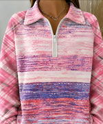 Women Pink Gradient Print Plaid Splicing Half Zip Collar Long Sleeve Sweatshirt